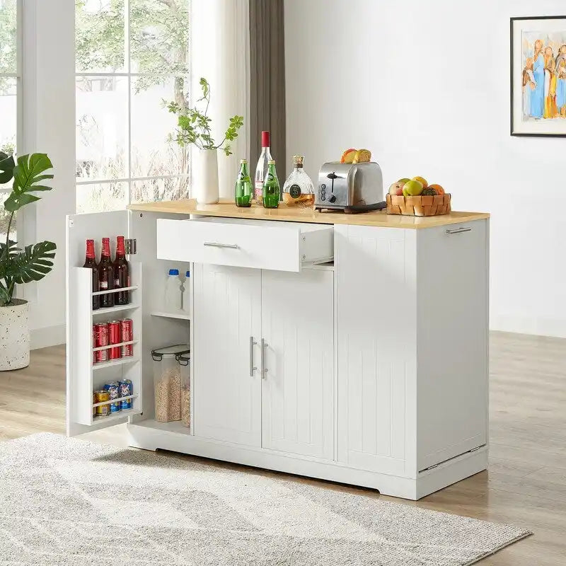 Îlot de cuisine moderne de style campagnard, blanc/bleu marine/noir, 134,6 cm, avec porte de grange, tiroir et meuble de poubelle encastré.