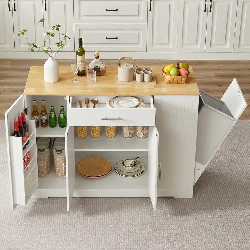 Îlot de cuisine moderne de style campagnard, blanc/bleu marine/noir, 134,6 cm, avec porte de grange, tiroir et meuble de poubelle encastré.