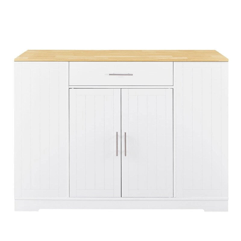 Îlot de cuisine moderne de style campagnard, blanc/bleu marine/noir, 134,6 cm, avec porte de grange, tiroir et meuble de poubelle encastré.