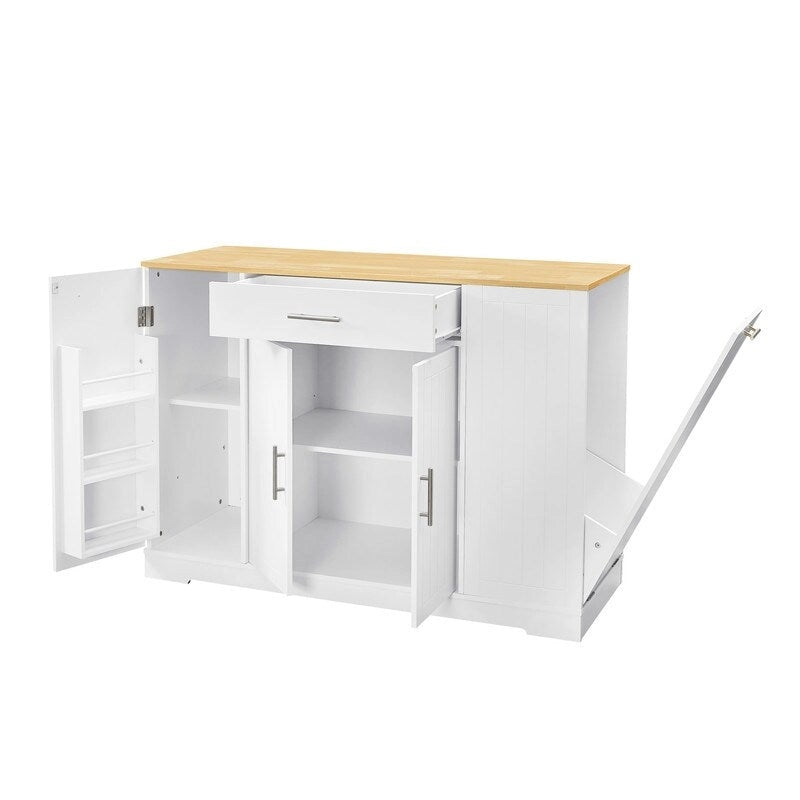 Îlot de cuisine moderne de style campagnard, blanc/bleu marine/noir, 134,6 cm, avec porte de grange, tiroir et meuble de poubelle encastré.