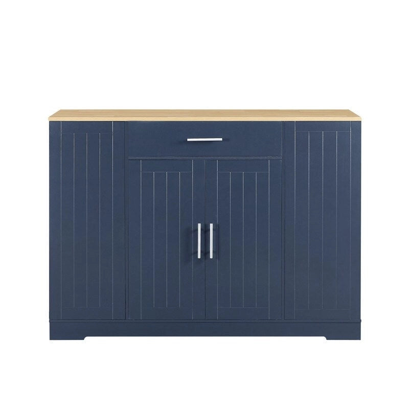 Îlot de cuisine moderne de style campagnard, blanc/bleu marine/noir, 134,6 cm, avec porte de grange, tiroir et meuble de poubelle encastré.