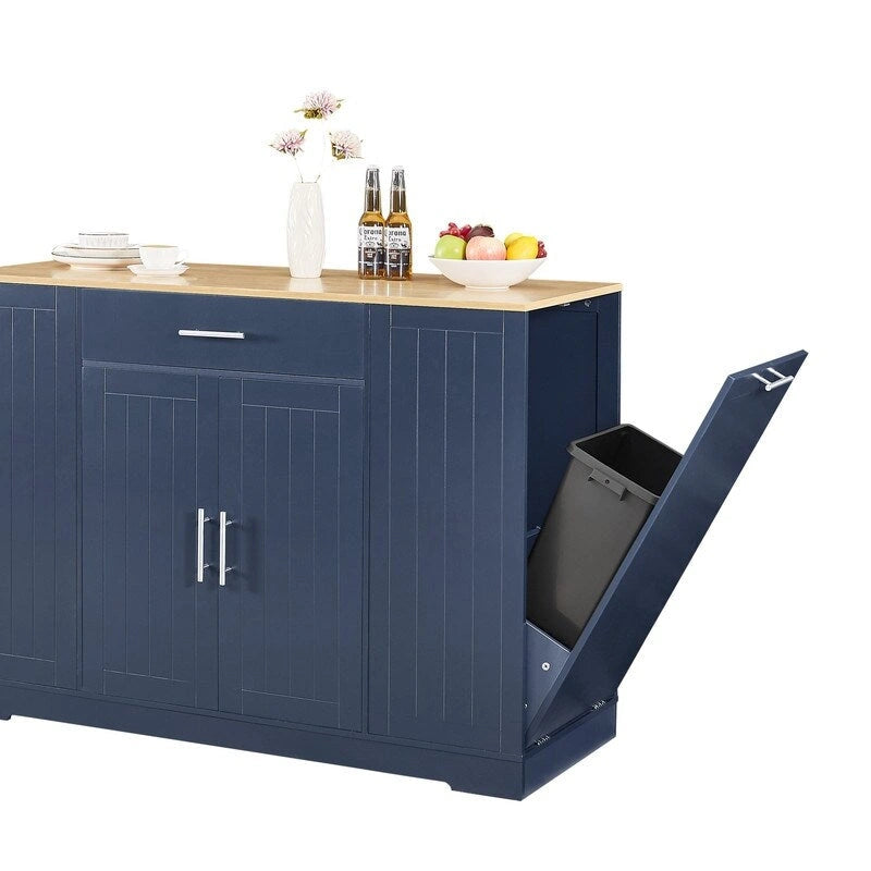 Îlot de cuisine moderne de style campagnard, blanc/bleu marine/noir, 134,6 cm, avec porte de grange, tiroir et meuble de poubelle encastré.
