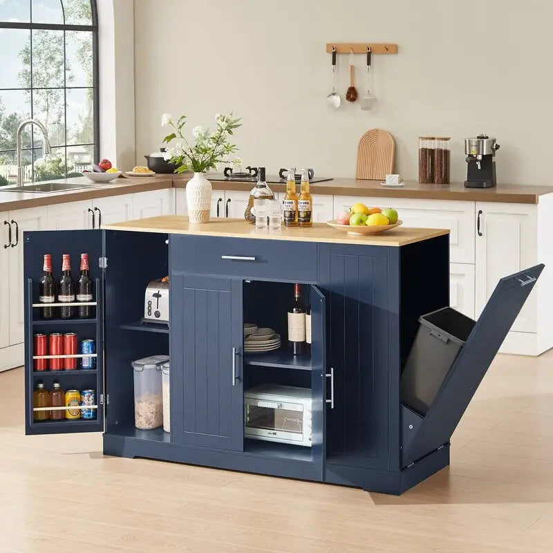 Îlot de cuisine moderne de style campagnard, blanc/bleu marine/noir, 134,6 cm, avec porte de grange, tiroir et meuble de poubelle encastré.
