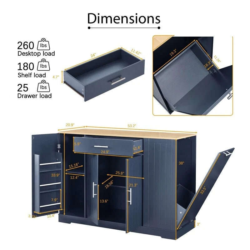 Îlot de cuisine moderne de style campagnard, blanc/bleu marine/noir, 134,6 cm, avec porte de grange, tiroir et meuble de poubelle encastré.