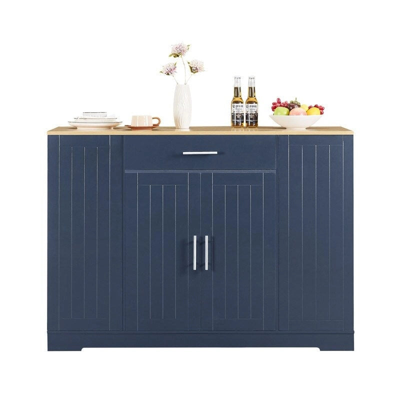 Îlot de cuisine moderne de style campagnard, blanc/bleu marine/noir, 134,6 cm, avec porte de grange, tiroir et meuble de poubelle encastré.