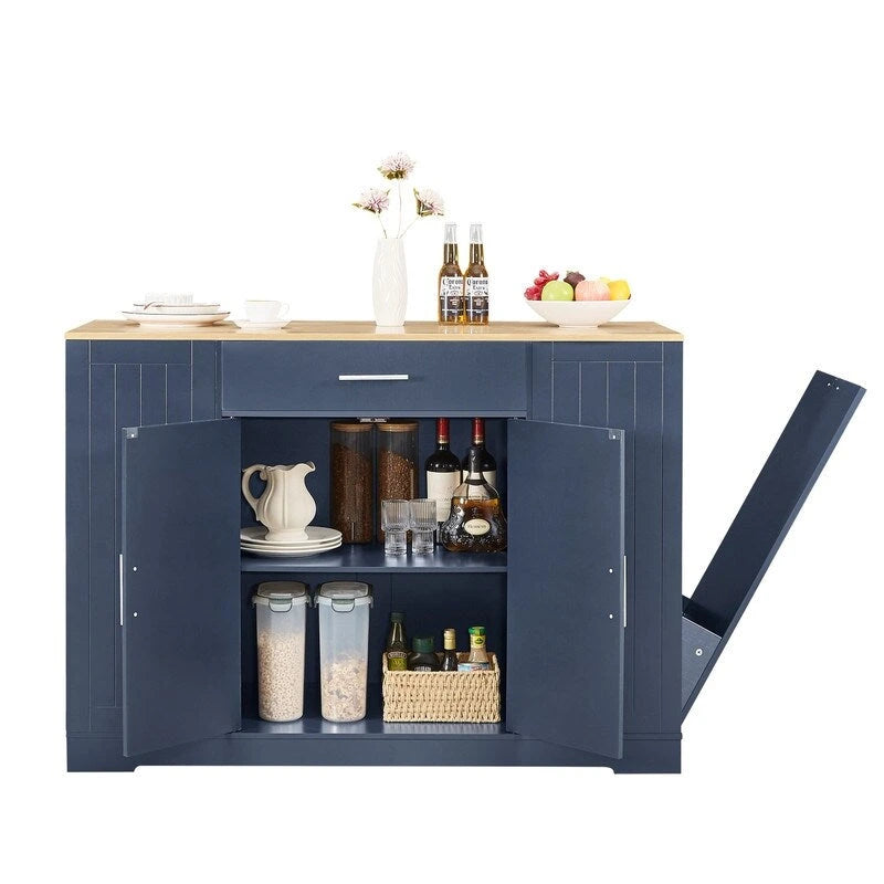 Îlot de cuisine moderne de style campagnard, blanc/bleu marine/noir, 134,6 cm, avec porte de grange, tiroir et meuble de poubelle encastré.