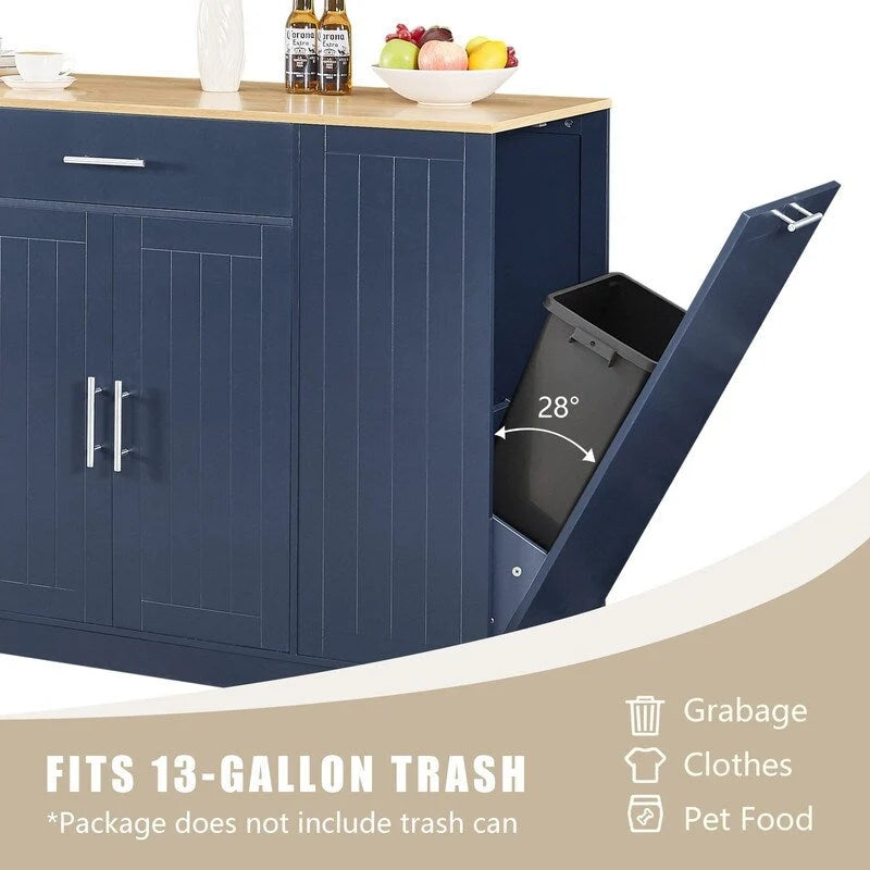 Îlot de cuisine moderne de style campagnard, blanc/bleu marine/noir, 134,6 cm, avec porte de grange, tiroir et meuble de poubelle encastré.