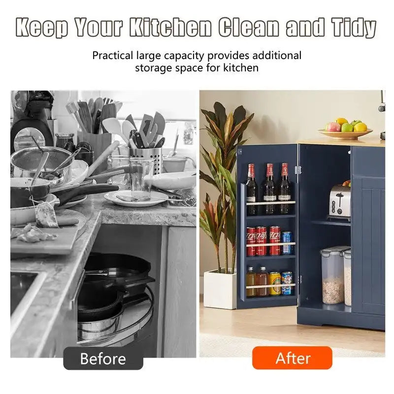 Îlot de cuisine moderne de style campagnard, blanc/bleu marine/noir, 134,6 cm, avec porte de grange, tiroir et meuble de poubelle encastré.