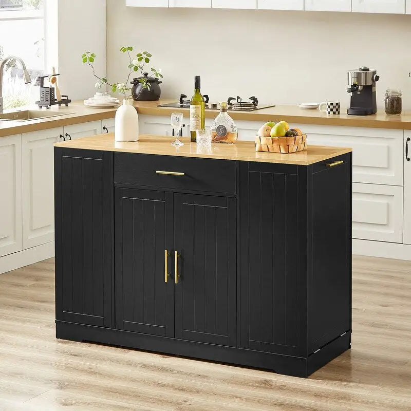 Îlot de cuisine moderne de style campagnard, blanc/bleu marine/noir, 134,6 cm, avec porte de grange, tiroir et meuble de poubelle encastré.