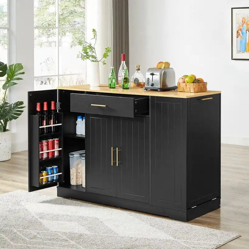 Îlot de cuisine moderne de style campagnard, blanc/bleu marine/noir, 134,6 cm, avec porte de grange, tiroir et meuble de poubelle encastré.
