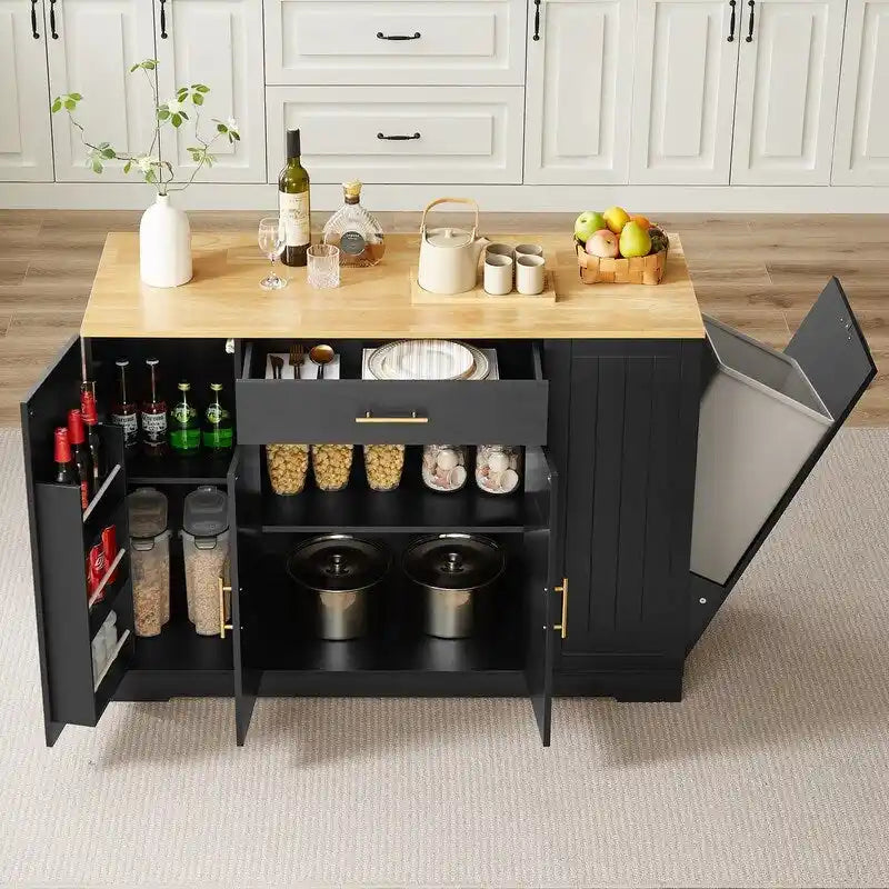 Îlot de cuisine moderne de style campagnard, blanc/bleu marine/noir, 134,6 cm, avec porte de grange, tiroir et meuble de poubelle encastré.
