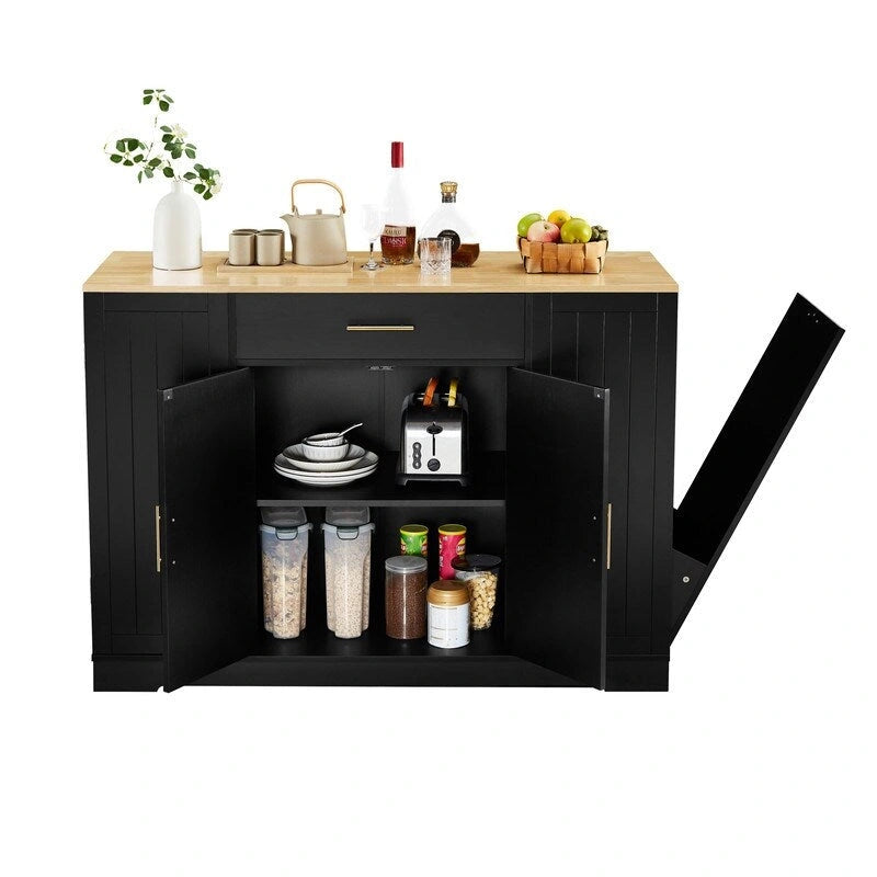 Îlot de cuisine moderne de style campagnard, blanc/bleu marine/noir, 134,6 cm, avec porte de grange, tiroir et meuble de poubelle encastré.
