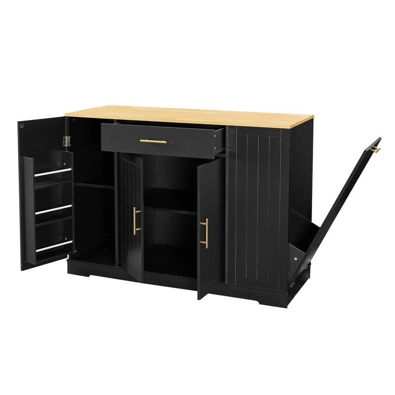 Îlot de cuisine moderne de style campagnard, blanc/bleu marine/noir, 134,6 cm, avec porte de grange, tiroir et meuble de poubelle encastré.