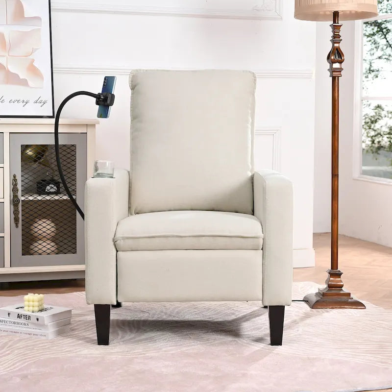 Fauteuil inclinable beige 3 positions avec support pour téléphone, porte-gobelet et pochette latérale, 1 place