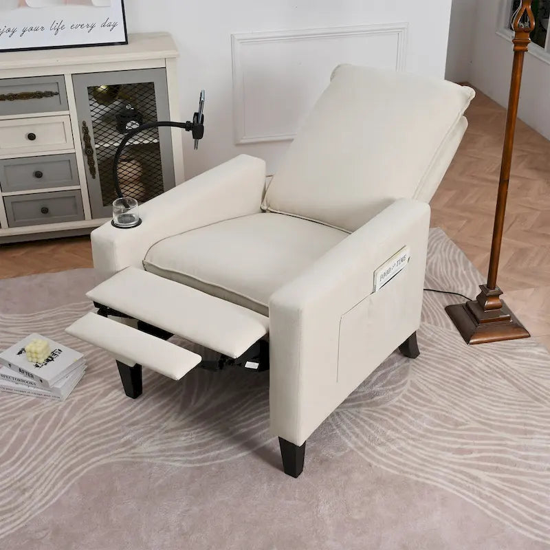 Fauteuil inclinable beige 3 positions avec support pour téléphone, porte-gobelet et pochette latérale, 1 place