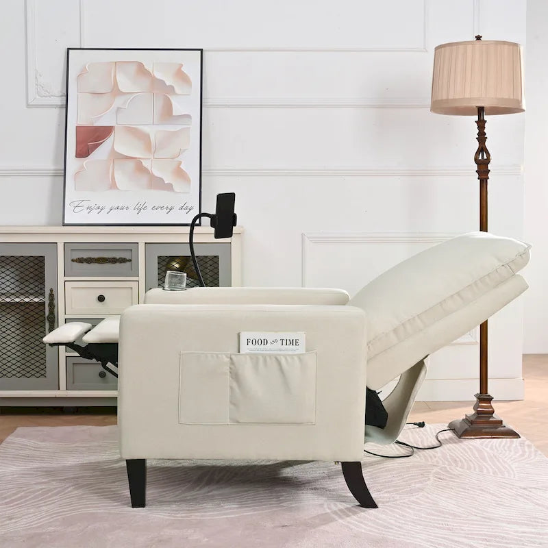 Fauteuil inclinable beige 3 positions avec support pour téléphone, porte-gobelet et pochette latérale, 1 place