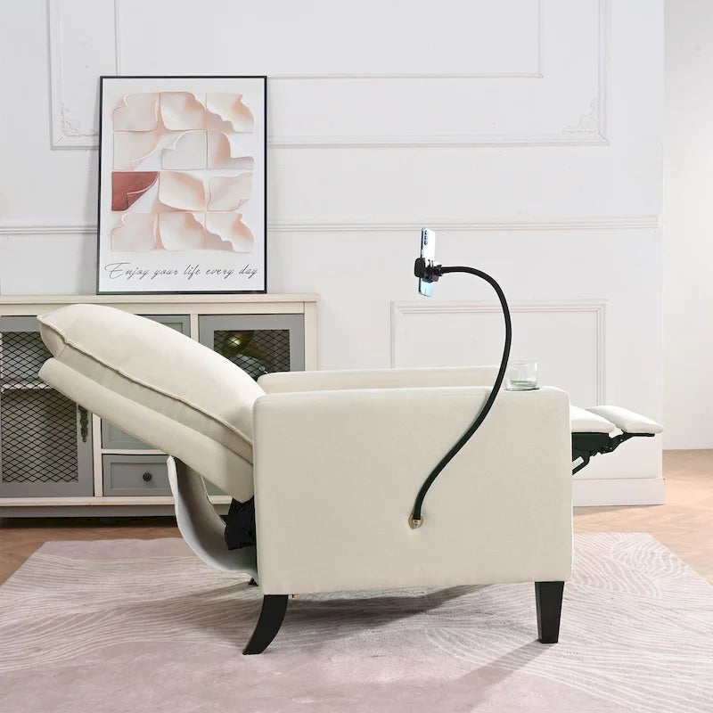 Fauteuil inclinable beige 3 positions avec support pour téléphone, porte-gobelet et pochette latérale, 1 place