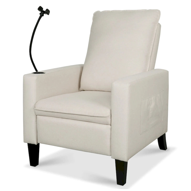 Fauteuil inclinable beige 3 positions avec support pour téléphone, porte-gobelet et pochette latérale, 1 place