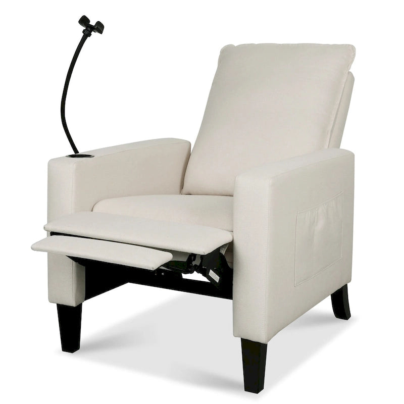 Fauteuil inclinable beige 3 positions avec support pour téléphone, porte-gobelet et pochette latérale, 1 place