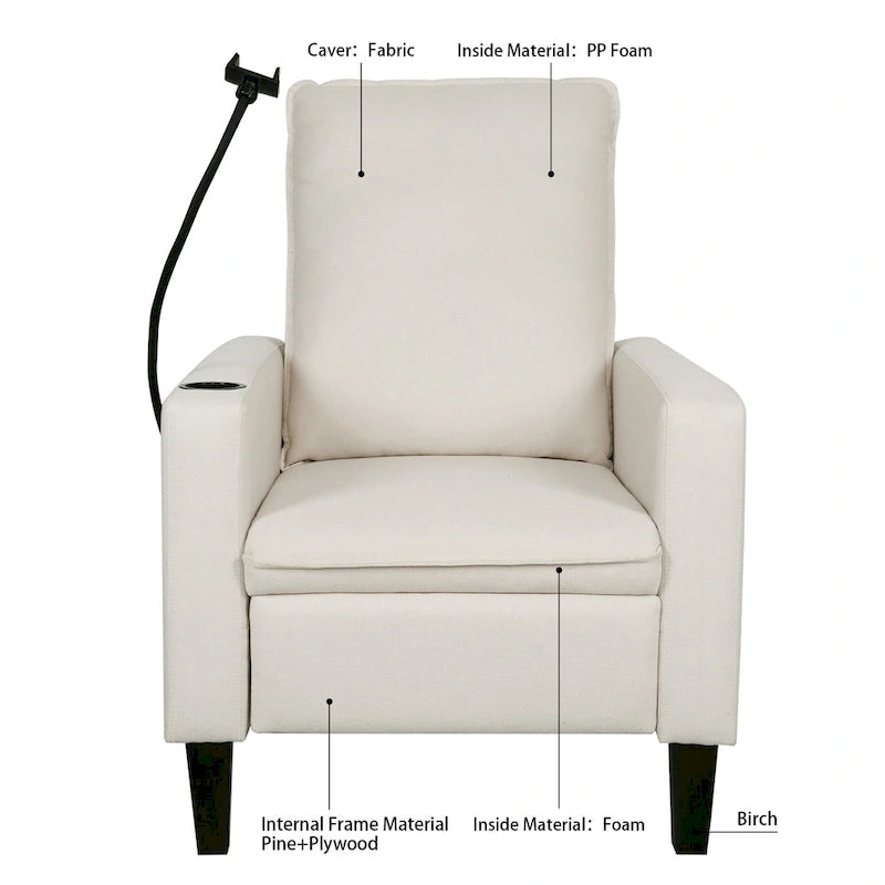 Fauteuil inclinable beige 3 positions avec support pour téléphone, porte-gobelet et pochette latérale, 1 place