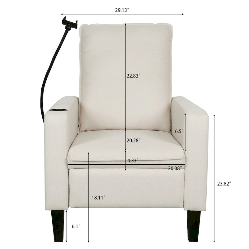 Fauteuil inclinable beige 3 positions avec support pour téléphone, porte-gobelet et pochette latérale, 1 place