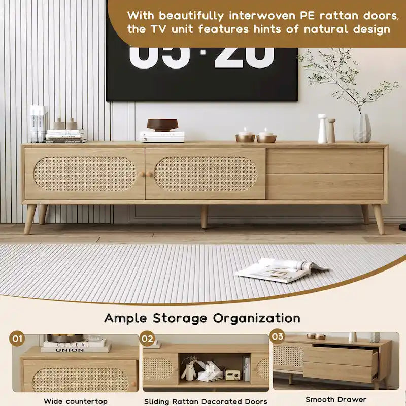 Meuble TV en bois naturel de style bohème avec portes en rotin et tiroir, compatible avec les téléviseurs jusqu'à 80"