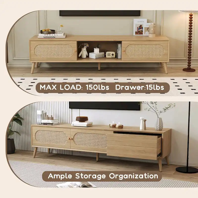 Meuble TV en bois naturel de style bohème avec portes en rotin et tiroir, compatible avec les téléviseurs jusqu'à 80"