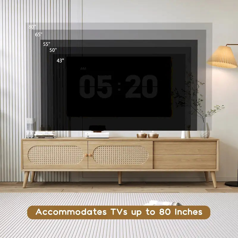 Meuble TV en bois naturel de style bohème avec portes en rotin et tiroir, compatible avec les téléviseurs jusqu'à 80"