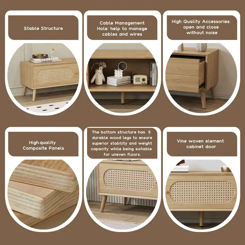 Meuble TV en bois naturel de style bohème avec portes en rotin et tiroir, compatible avec les téléviseurs jusqu'à 80"