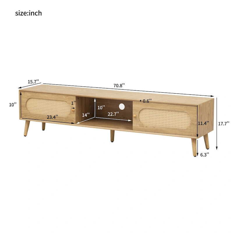 Meuble TV en bois naturel de style bohème avec portes en rotin et tiroir, compatible avec les téléviseurs jusqu'à 80"