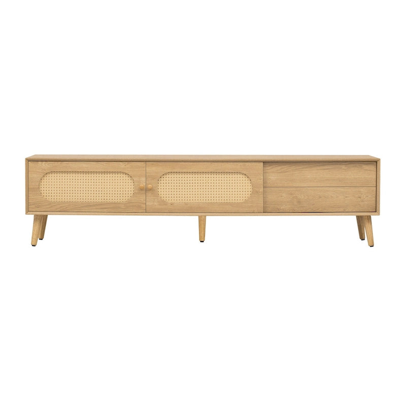 Meuble TV en bois naturel de style bohème avec portes en rotin et tiroir, compatible avec les téléviseurs jusqu'à 80"