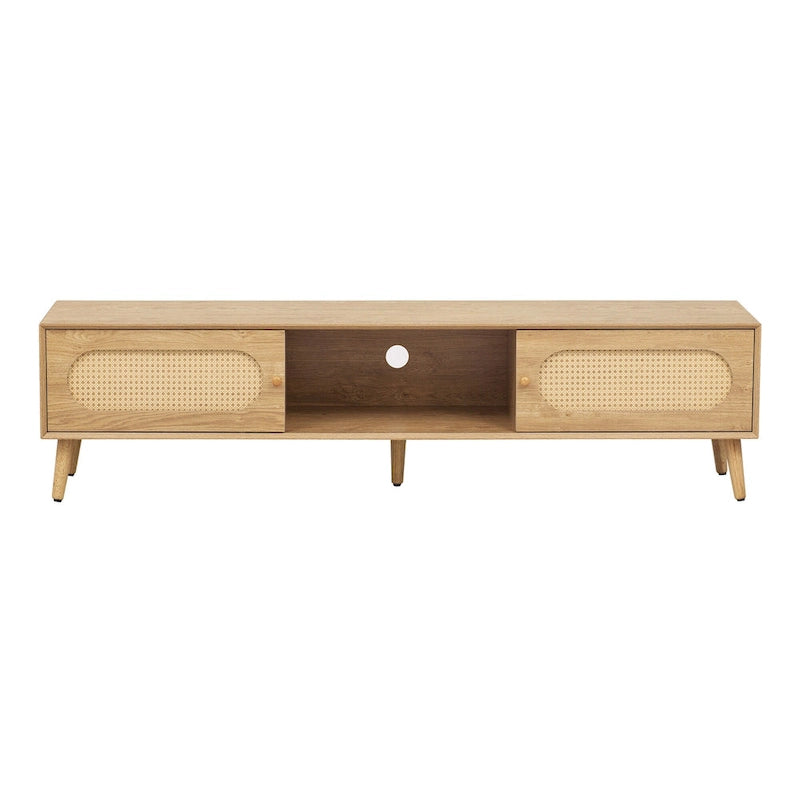 Meuble TV en bois naturel de style bohème avec portes en rotin et tiroir, compatible avec les téléviseurs jusqu'à 80"