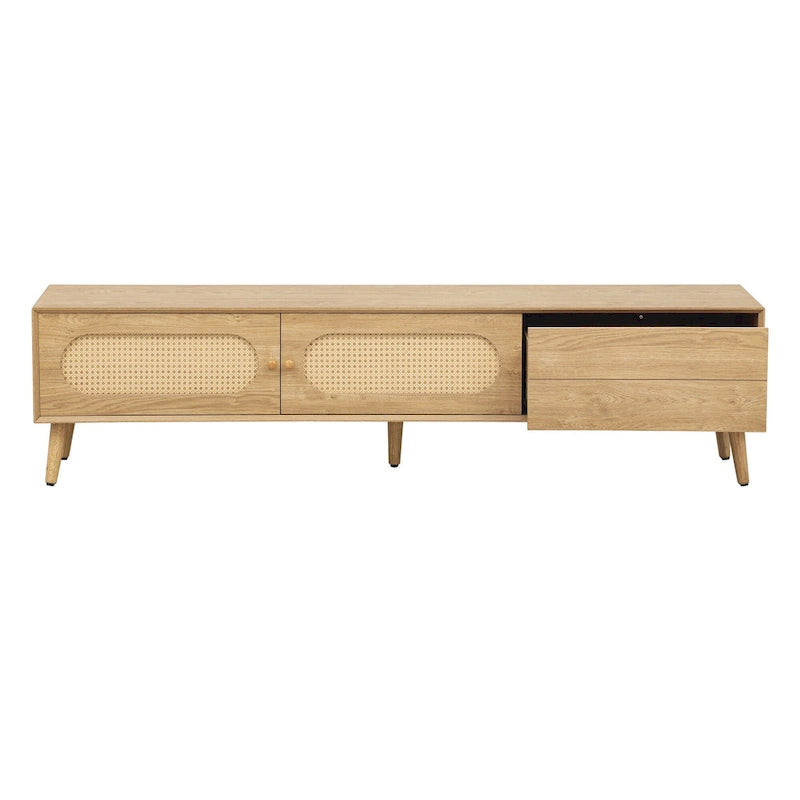 Meuble TV en bois naturel de style bohème avec portes en rotin et tiroir, compatible avec les téléviseurs jusqu'à 80"