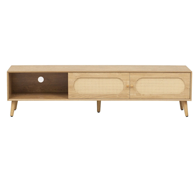 Meuble TV en bois naturel de style bohème avec portes en rotin et tiroir, compatible avec les téléviseurs jusqu'à 80"