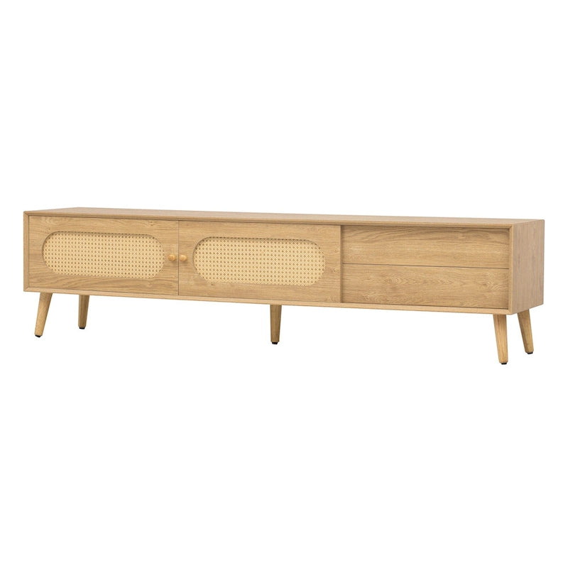 Meuble TV en bois naturel de style bohème avec portes en rotin et tiroir, compatible avec les téléviseurs jusqu'à 80"