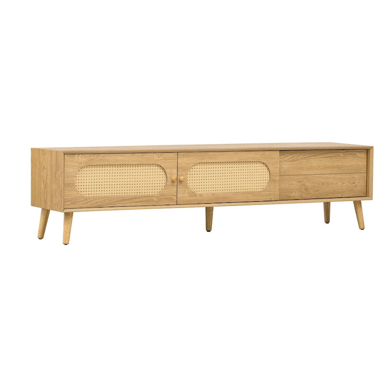 Meuble TV en bois naturel de style bohème avec portes en rotin et tiroir, compatible avec les téléviseurs jusqu'à 80"