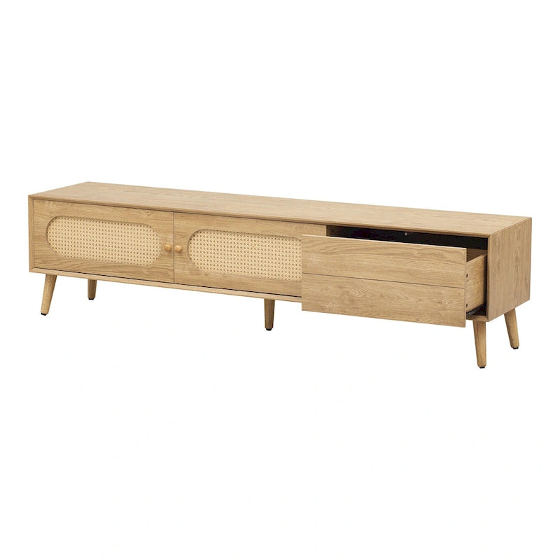 Meuble TV en bois naturel de style bohème avec portes en rotin et tiroir, compatible avec les téléviseurs jusqu'à 80"