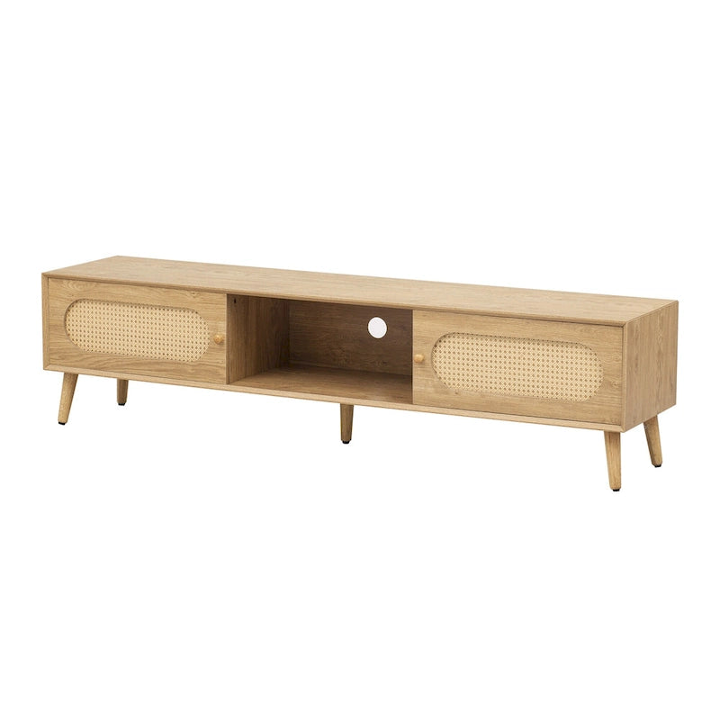 Meuble TV en bois naturel de style bohème avec portes en rotin et tiroir, compatible avec les téléviseurs jusqu'à 80"