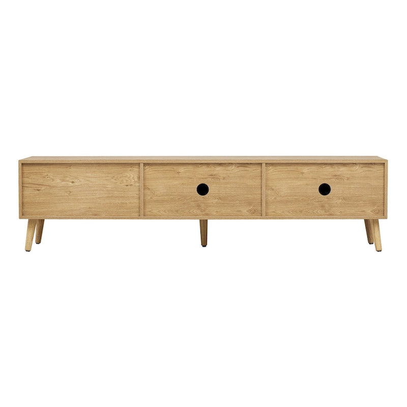 Meuble TV en bois naturel de style bohème avec portes en rotin et tiroir, compatible avec les téléviseurs jusqu'à 80"