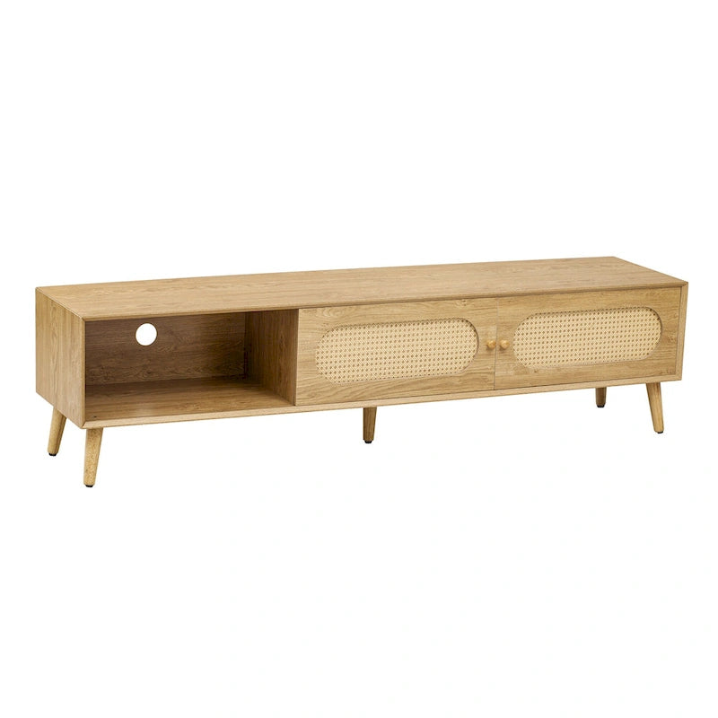 Meuble TV en bois naturel de style bohème avec portes en rotin et tiroir, compatible avec les téléviseurs jusqu'à 80"