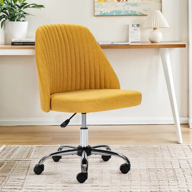 Chaise de bureau pivotante sans accoudoirs en tissu capitonné, rose/bleu/jaune/vert/noir/gris, avec hauteur réglable et dossier incurvé, pour 1 personne