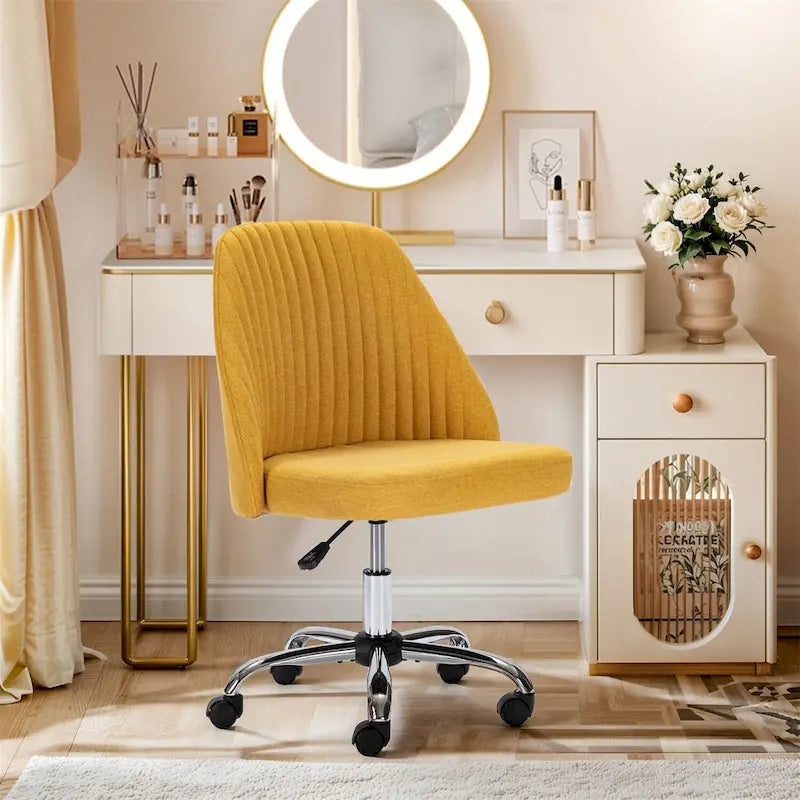 Chaise de bureau pivotante sans accoudoirs en tissu capitonné, rose/bleu/jaune/vert/noir/gris, avec hauteur réglable et dossier incurvé, pour 1 personne