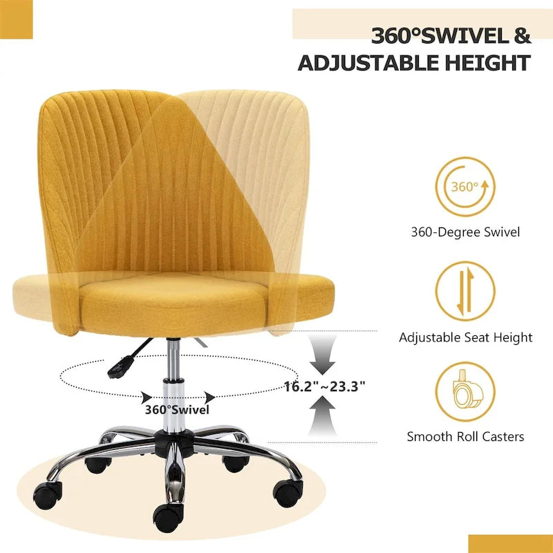 Chaise de bureau pivotante sans accoudoirs en tissu capitonné, rose/bleu/jaune/vert/noir/gris, avec hauteur réglable et dossier incurvé, pour 1 personne