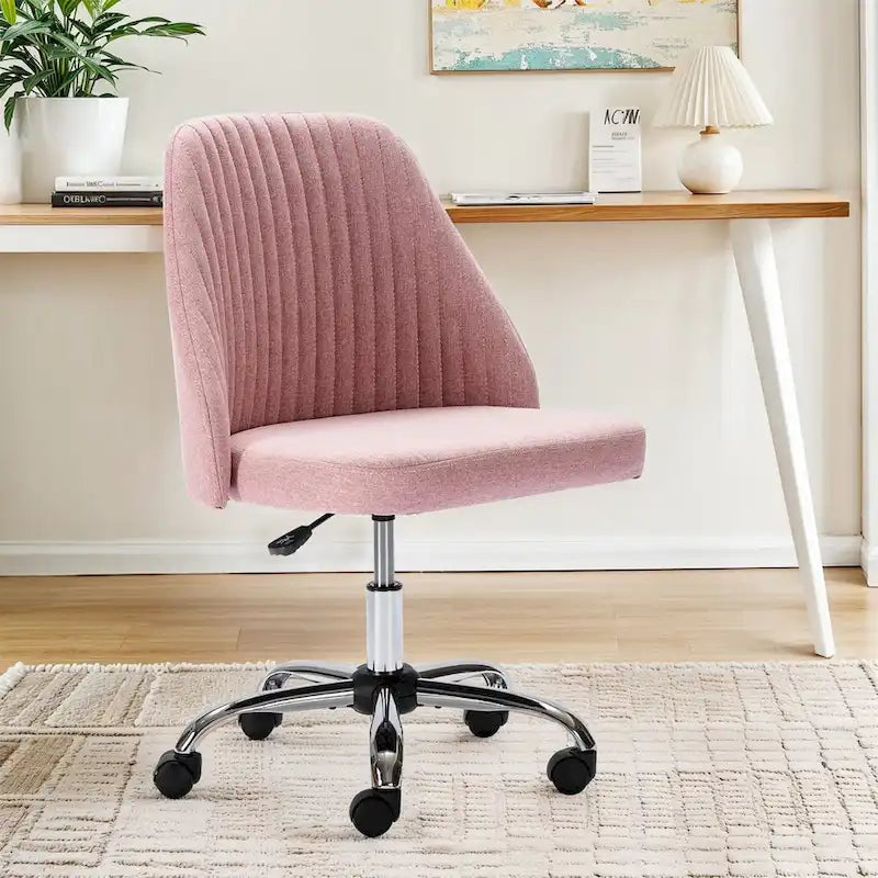 Chaise de bureau pivotante sans accoudoirs en tissu capitonné, rose/bleu/jaune/vert/noir/gris, avec hauteur réglable et dossier incurvé, pour 1 personne