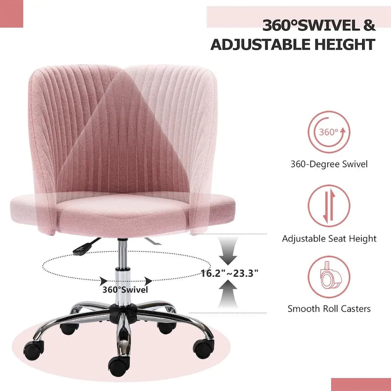 Chaise de bureau pivotante sans accoudoirs en tissu capitonné, rose/bleu/jaune/vert/noir/gris, avec hauteur réglable et dossier incurvé, pour 1 personne