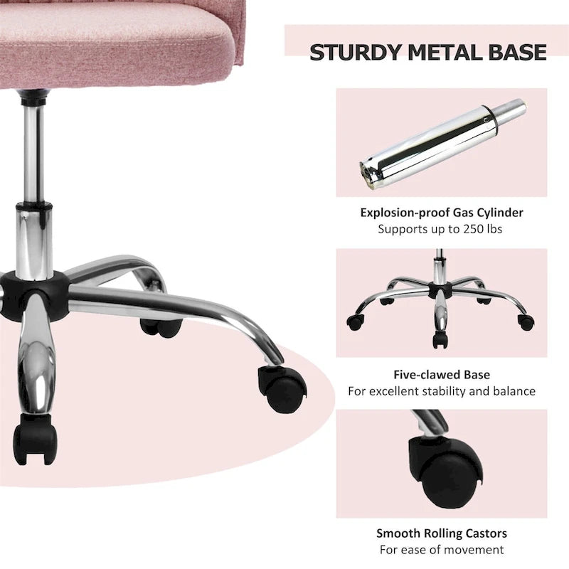 Chaise de bureau pivotante sans accoudoirs en tissu capitonné, rose/bleu/jaune/vert/noir/gris, avec hauteur réglable et dossier incurvé, pour 1 personne