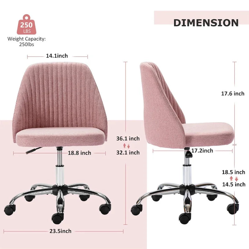 Chaise de bureau pivotante sans accoudoirs en tissu capitonné, rose/bleu/jaune/vert/noir/gris, avec hauteur réglable et dossier incurvé, pour 1 personne