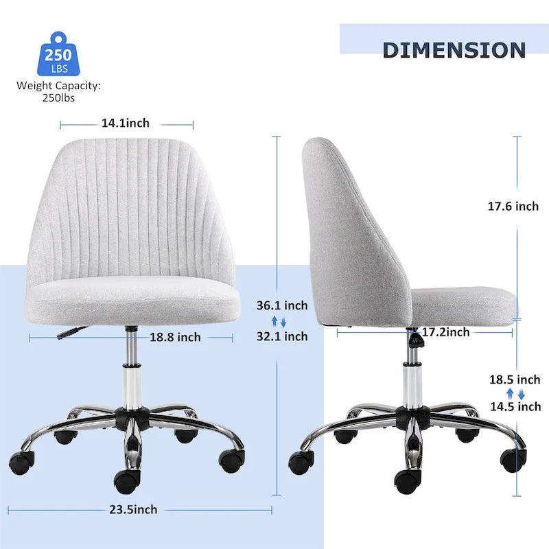 Chaise de bureau pivotante sans accoudoirs en tissu capitonné, rose/bleu/jaune/vert/noir/gris, avec hauteur réglable et dossier incurvé, pour 1 personne