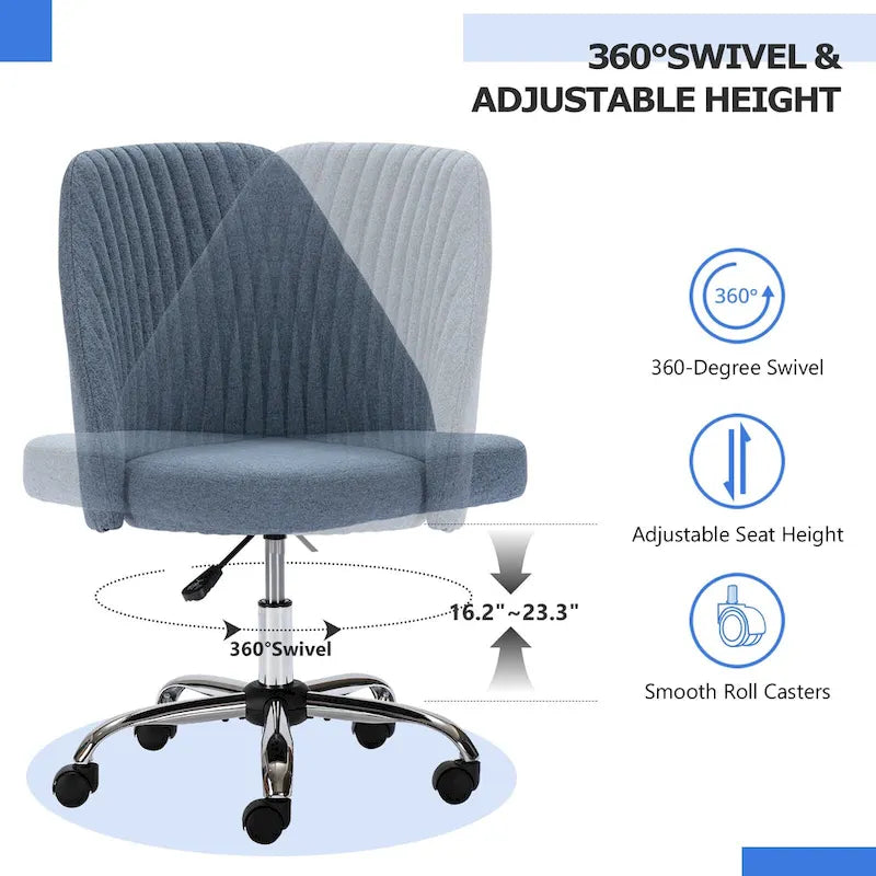 Chaise de bureau pivotante sans accoudoirs en tissu capitonné, rose/bleu/jaune/vert/noir/gris, avec hauteur réglable et dossier incurvé, pour 1 personne