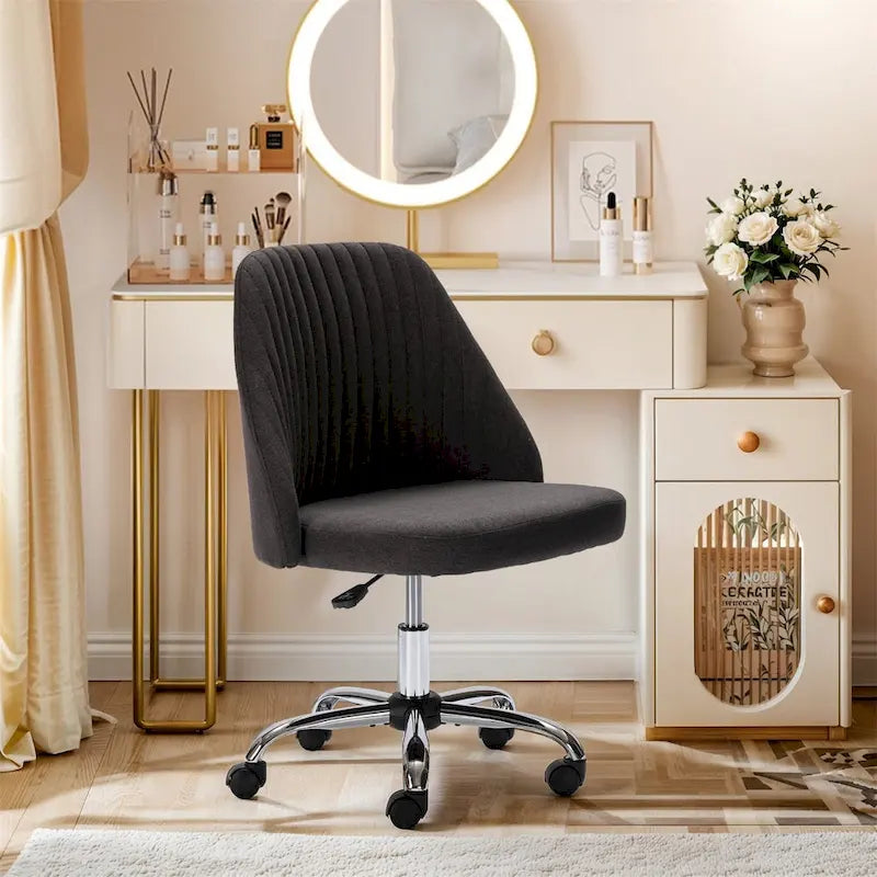 Chaise de bureau pivotante sans accoudoirs en tissu capitonné, rose/bleu/jaune/vert/noir/gris, avec hauteur réglable et dossier incurvé, pour 1 personne
